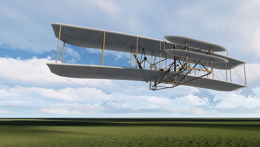 Wright Brothers airplane in flight