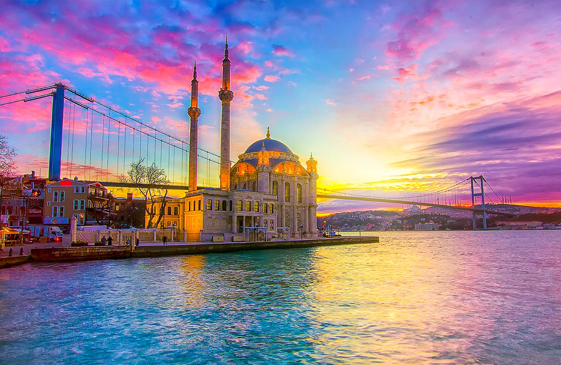 Istanbul Mosque and bridge along the  Bosphorus Strait as the sun sets 