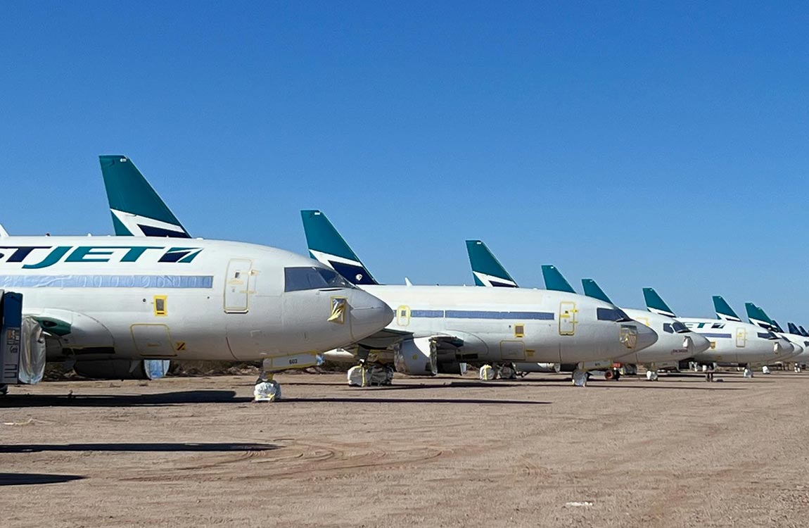 A row of WestJet Boeing 737 commercial airplanes on the ground awating teardown.  