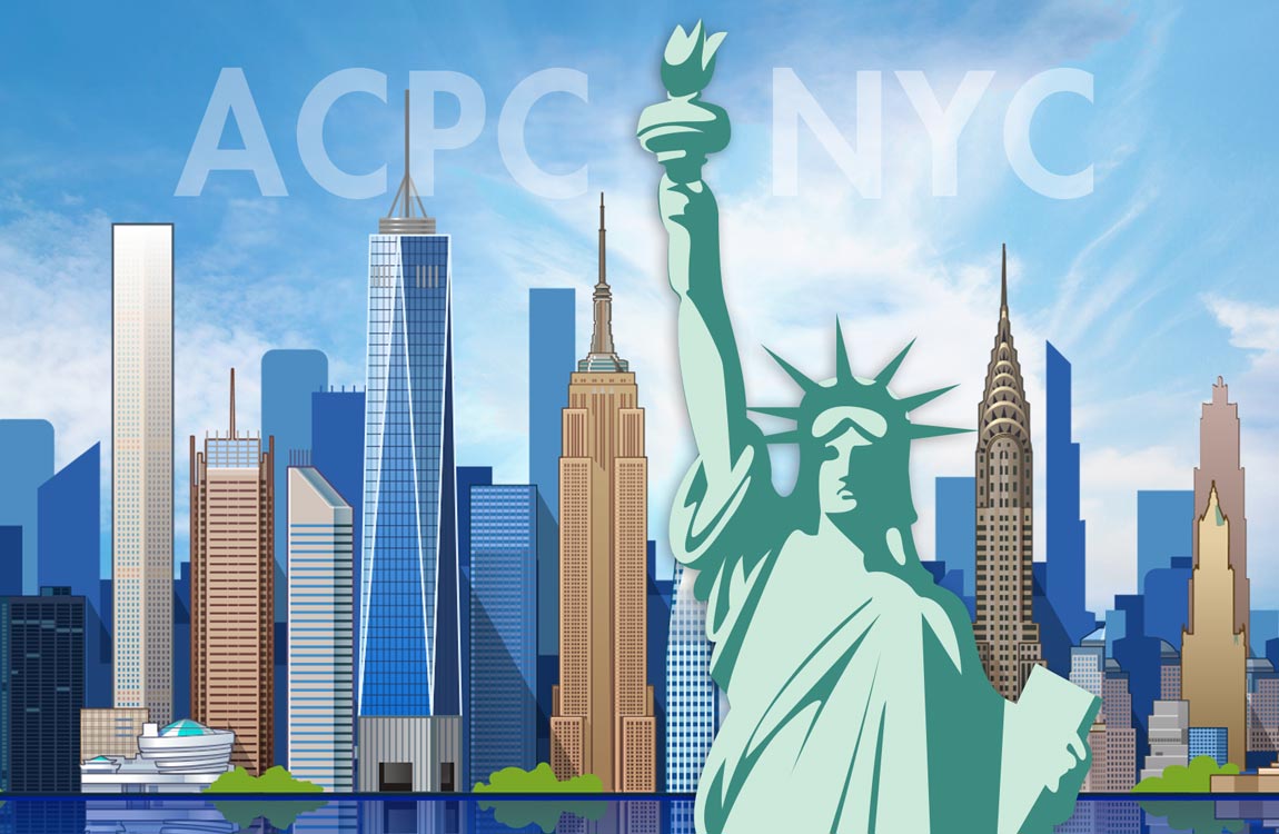 Colorful illustration of the New York City skyline with the Statue of Liberty out front with "ACPC NYC" written in the sky 