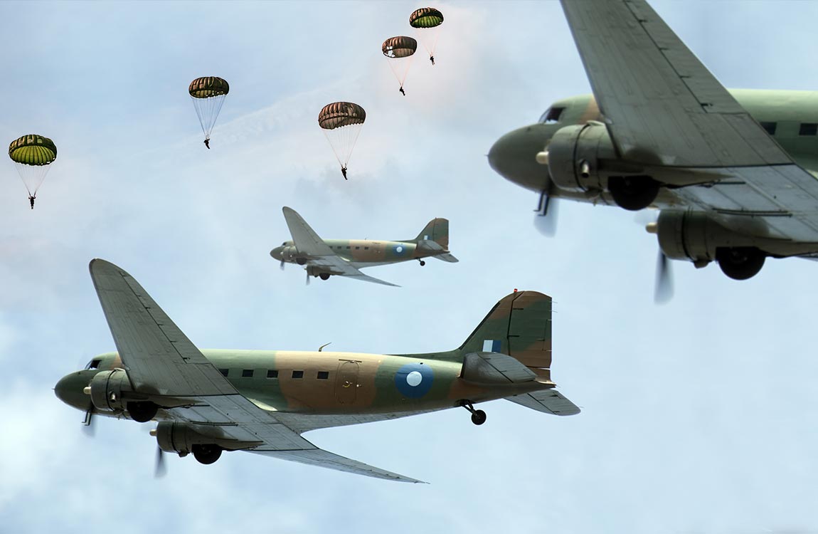 Three World War 2 cargo aircraft in the sky launching paratroopers with parachutes 