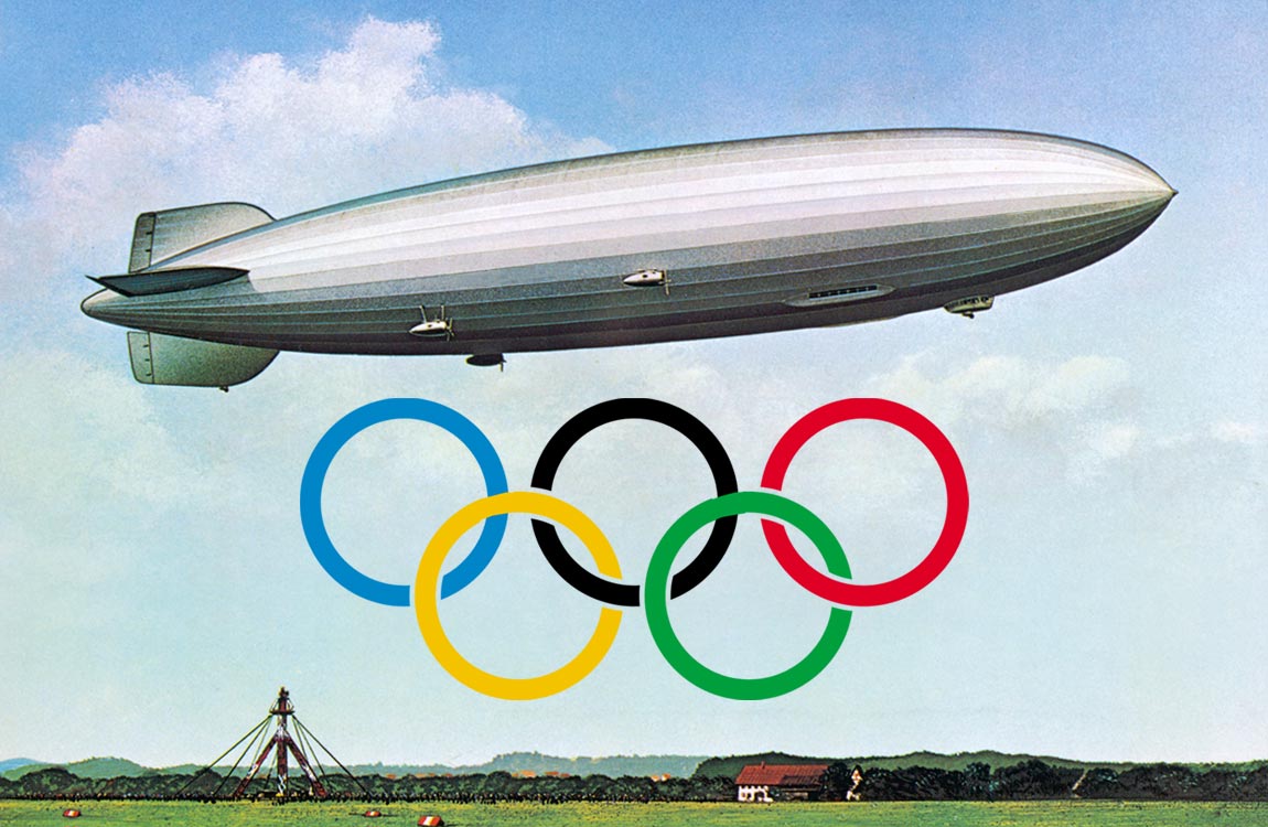 Zeppelin in flight over a green field with a beautiful blue sky, olympic rings superimposed over image 