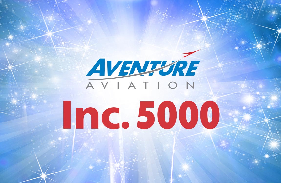 Aventure Aviation logo over abstract background with shiny stars, with text saying inc. 5000 