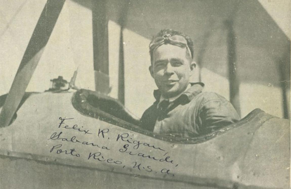 Historical photo of Felix Rigau Carrera in his 1920s era airplane 