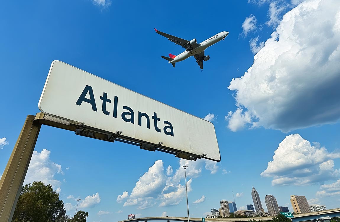 A jet airliner high above a highway sign saying "Atlanta" with the skyline of Atlanta in the background 