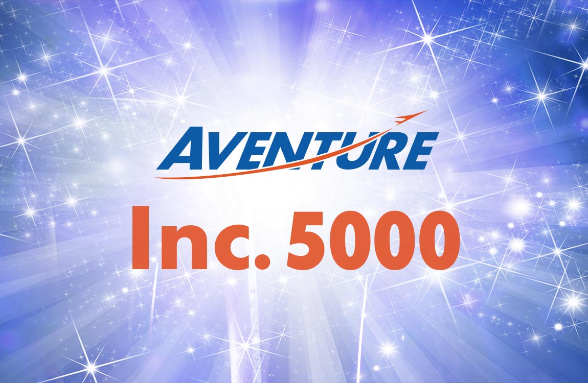 Aventure logo and text saying "Inc. 5000" on a celebratory background of stars 