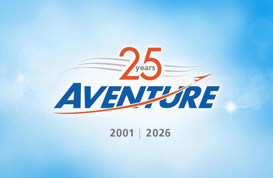 A beautiful blue sky with the Aventure Aviation logo and words "25 Years Aventure 2001–2026"