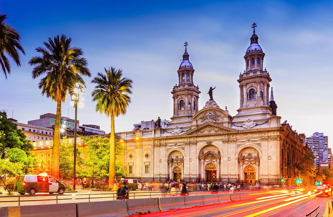 The historic Santiago Metropolitan Cathedral in Plaza de Armas, Santiago de Chile 