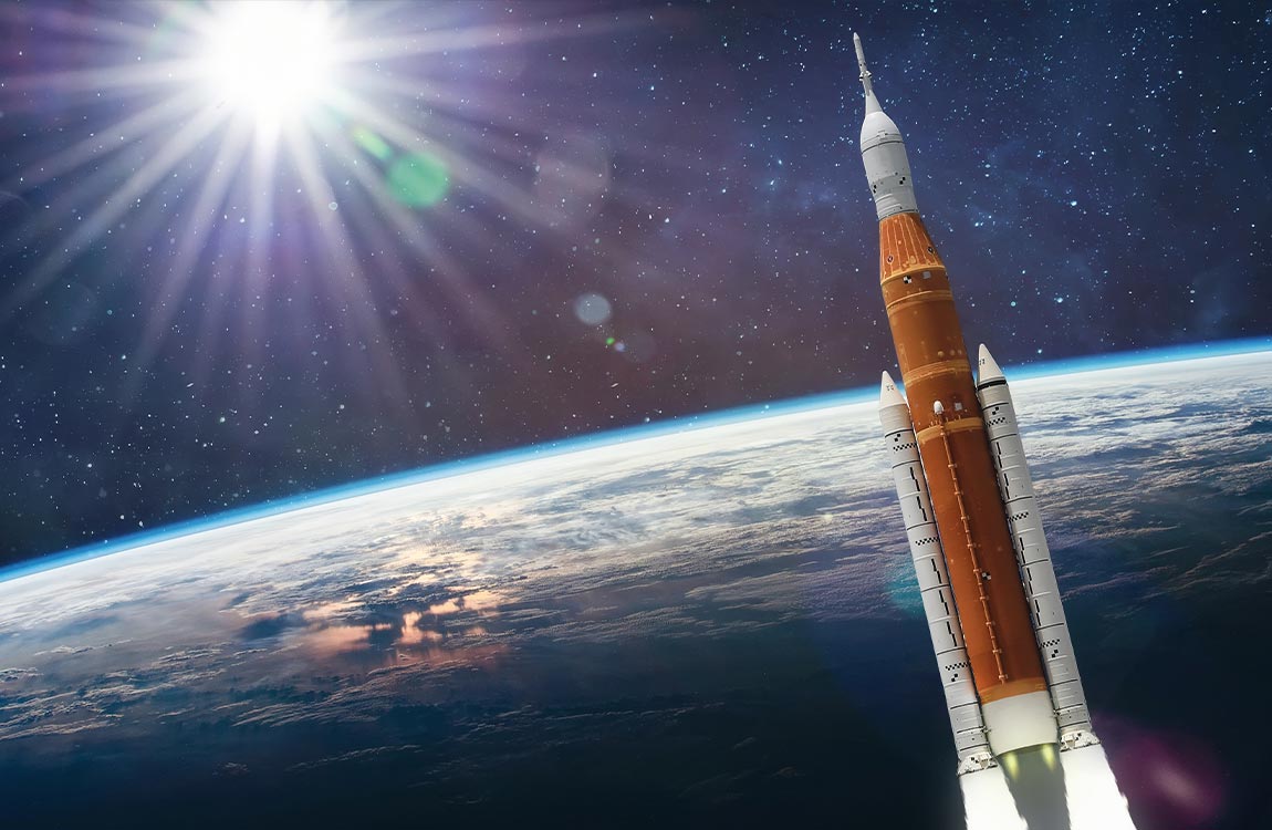 A rocket ship leaves Earth's orbit 