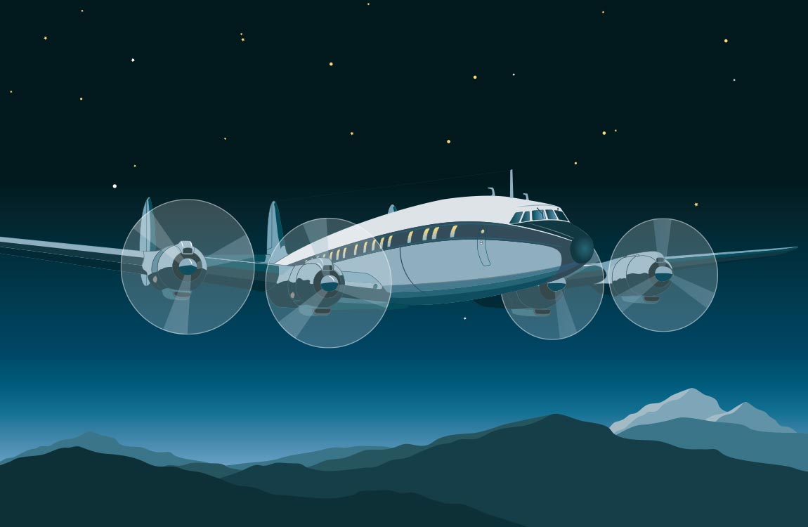 Illustration of a 1960s Super Constellation Vintage Propliner nightflight over mouintains 