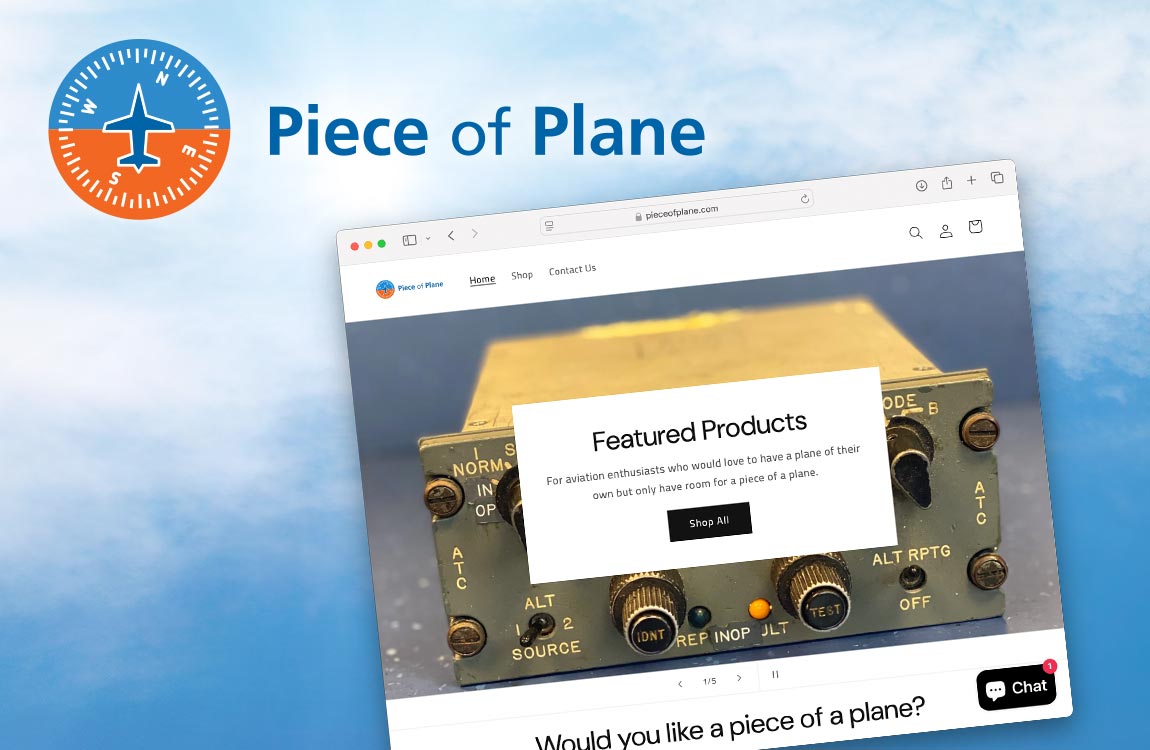 Photo composition of a website browser screen over a sky background with a logo saying "Piece of Plane" 