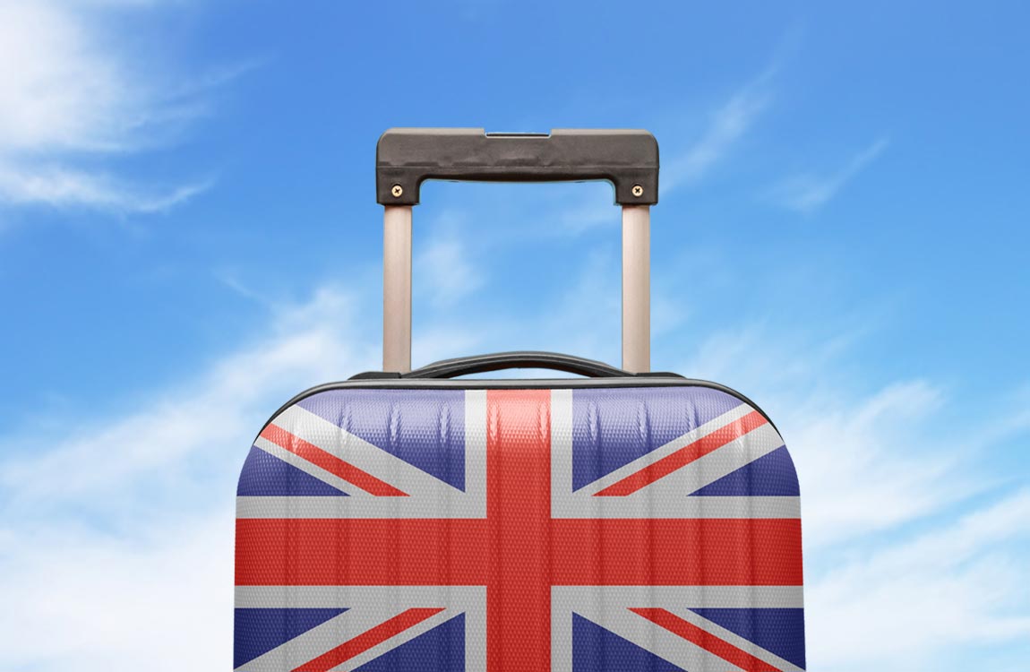 Suitcase with a large British Flag, with a sky background 