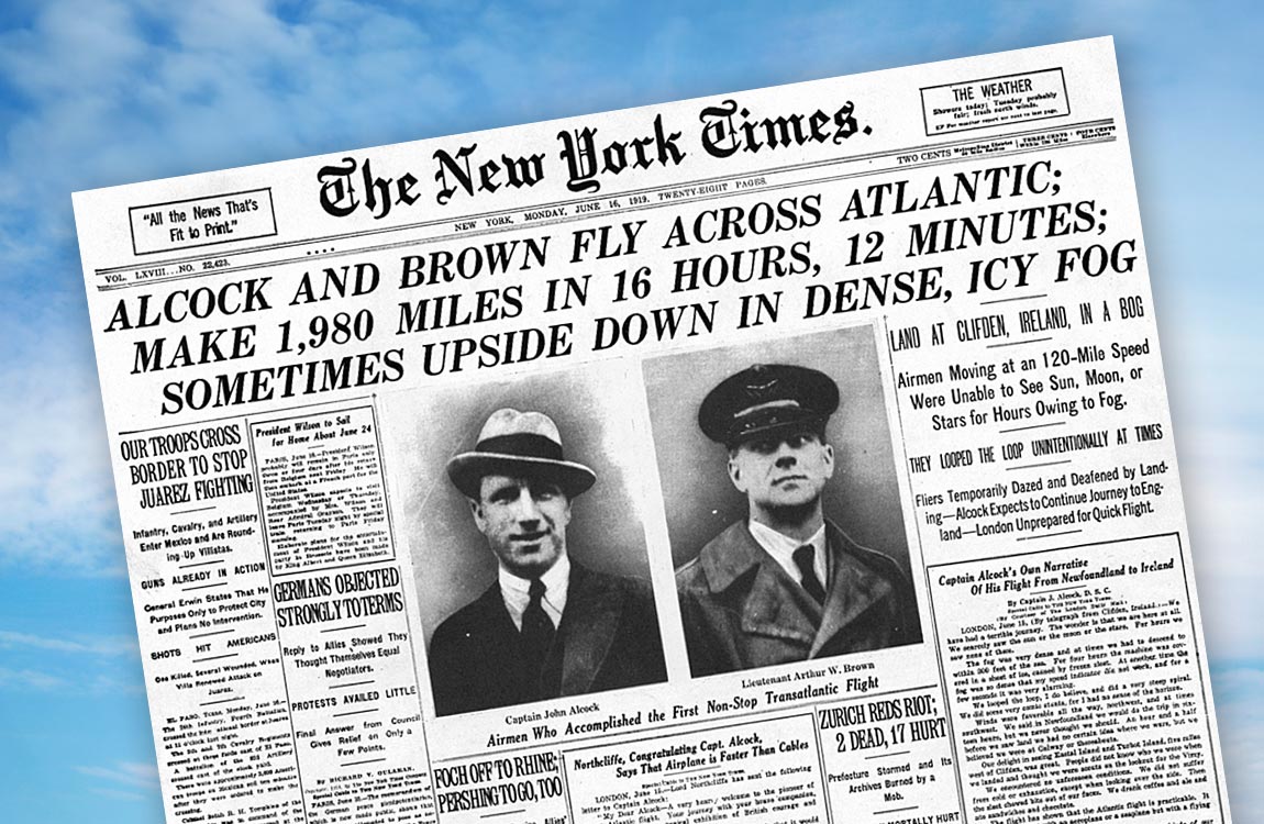 Newspaper with headline story about the first nonstop transatlantic flight  