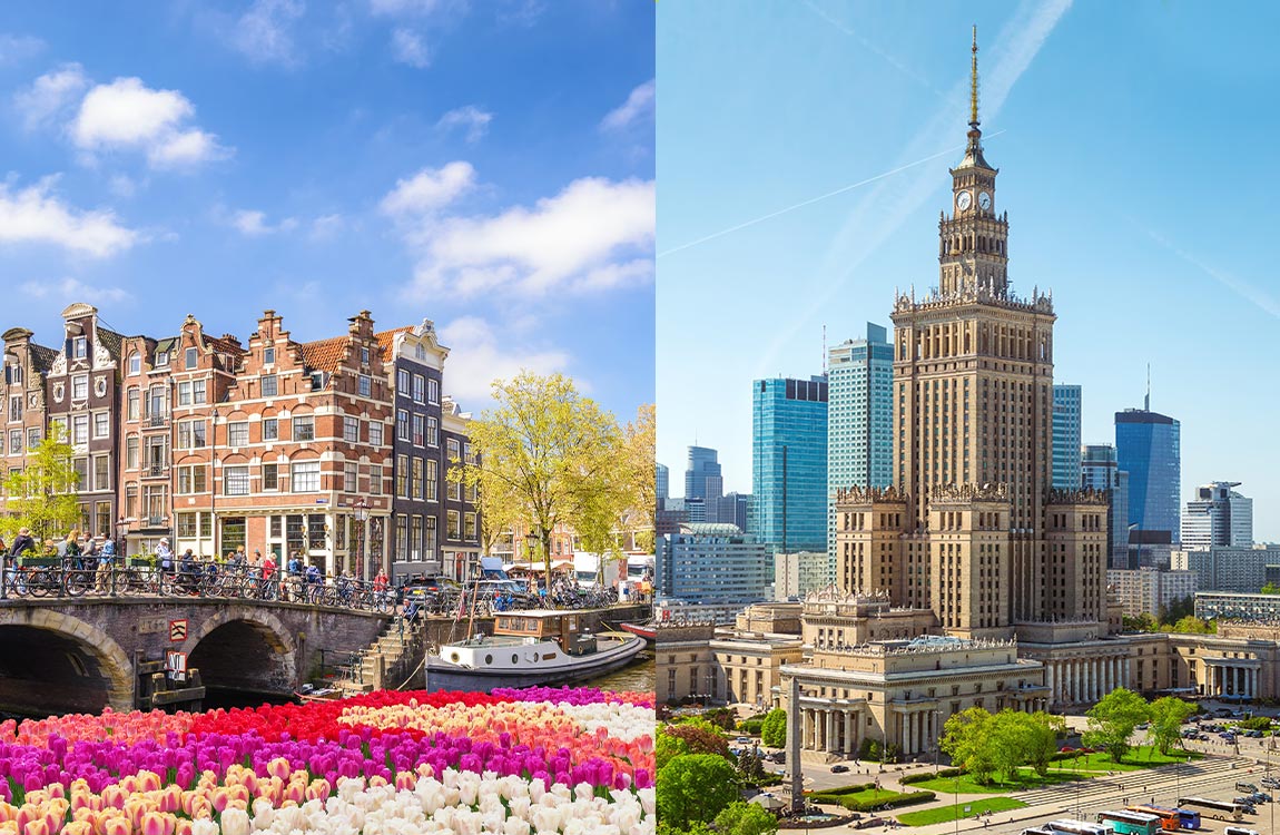 Split image with Amsterdam city buildings and canal on the left, and Warsaw skyscrapers on the right 